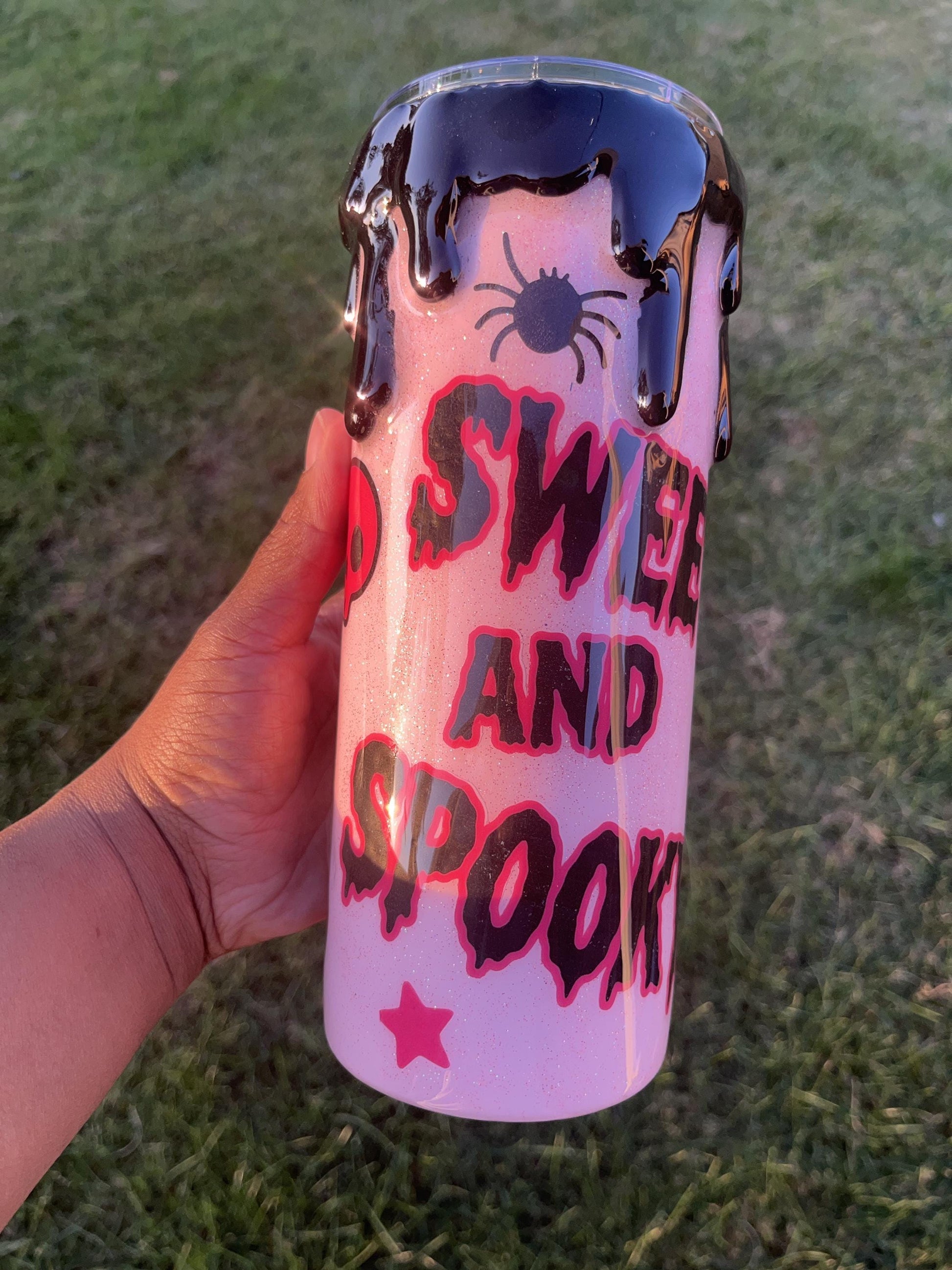Pink Glitter Drip Halloween Tumbler: Ghosts, Bats, Cupcakes