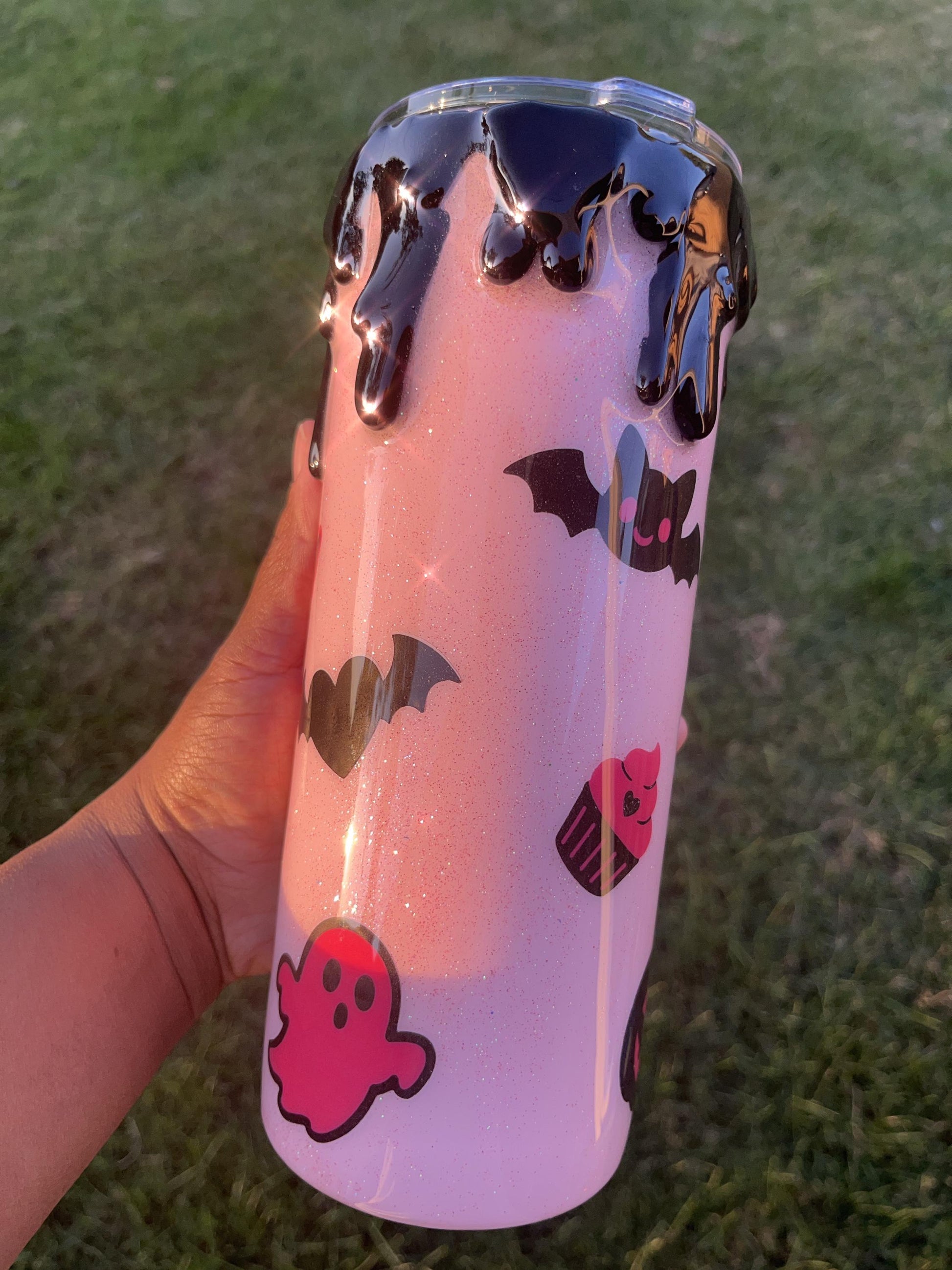 Pink Glitter Drip Halloween Tumbler: Ghosts, Bats, Cupcakes