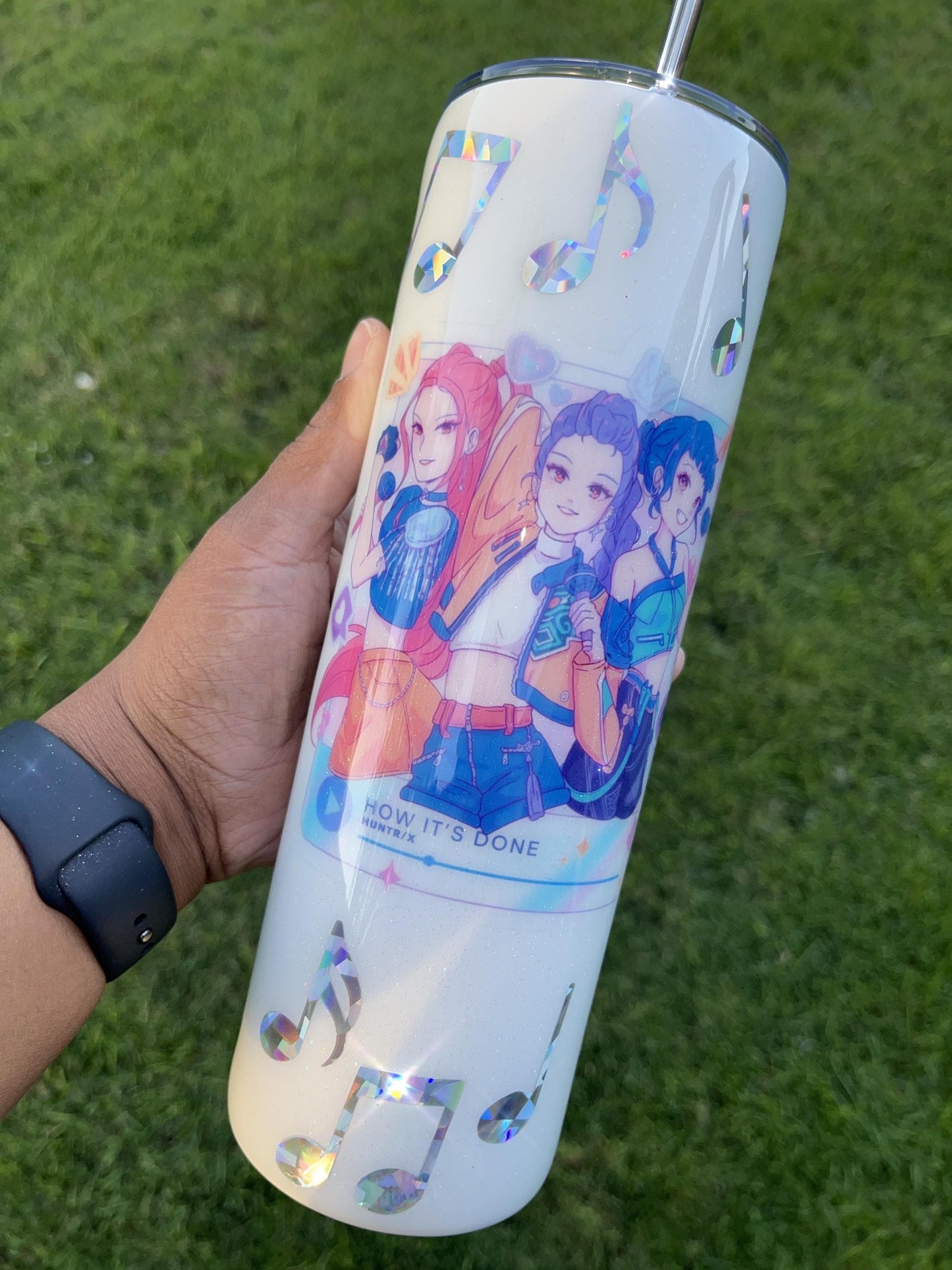 Kpop Demon Hunters “How It’s Done” Tumbler- 12oz 20oz 30oz Stainless Steel Glitter Cup with Straw Holographic Music Note Aesthetic Drinkware