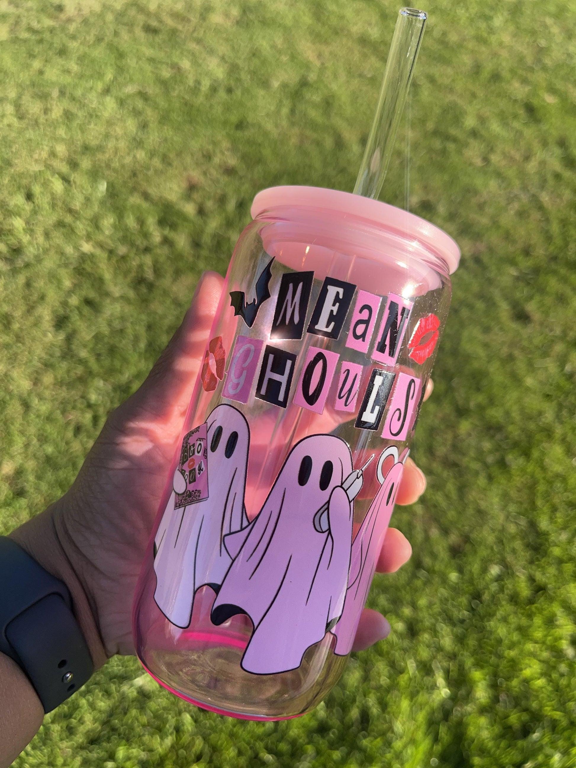 Halloween Ghost Tumbler 20oz – Mean Ghouls Pink Glass or Glitter Snowglobe Cup with Straw
