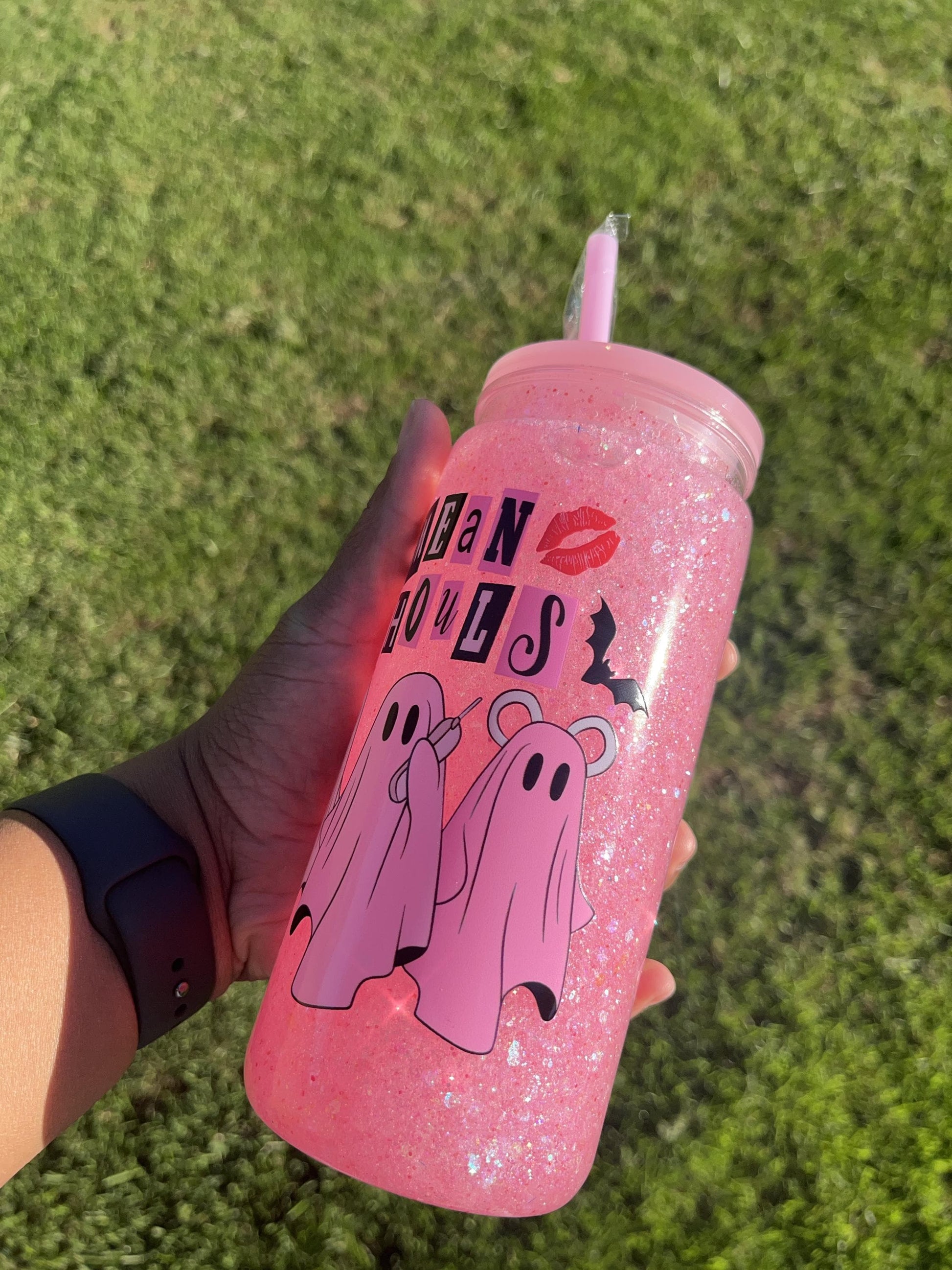 Halloween Ghost Tumbler 20oz – Mean Ghouls Pink Glass or Glitter Snowglobe Cup with Straw