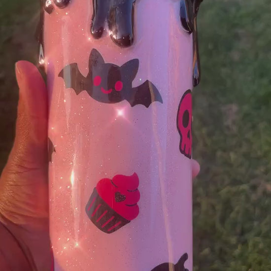 Pink Glitter Drip Halloween Tumbler: Ghosts, Bats, Cupcakes