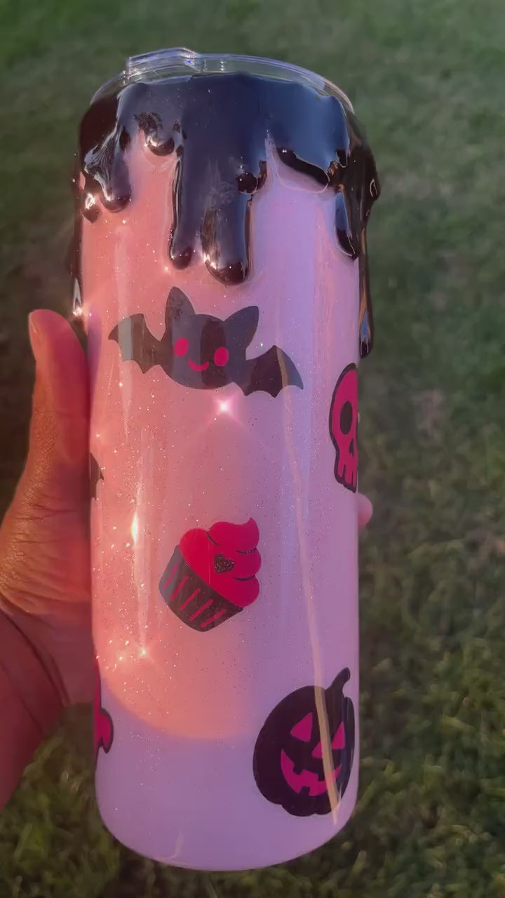 Pink Glitter Drip Halloween Tumbler: Ghosts, Bats, Cupcakes