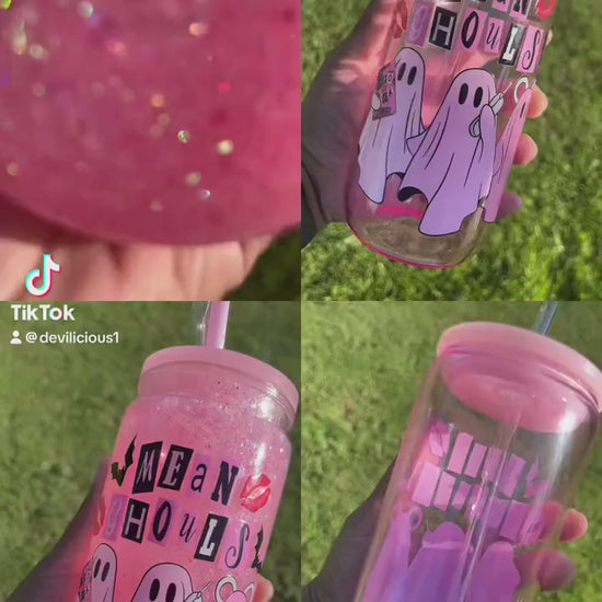 Halloween Ghost Tumbler 20oz – Mean Ghouls Pink Glass or Glitter Snowglobe Cup with Straw