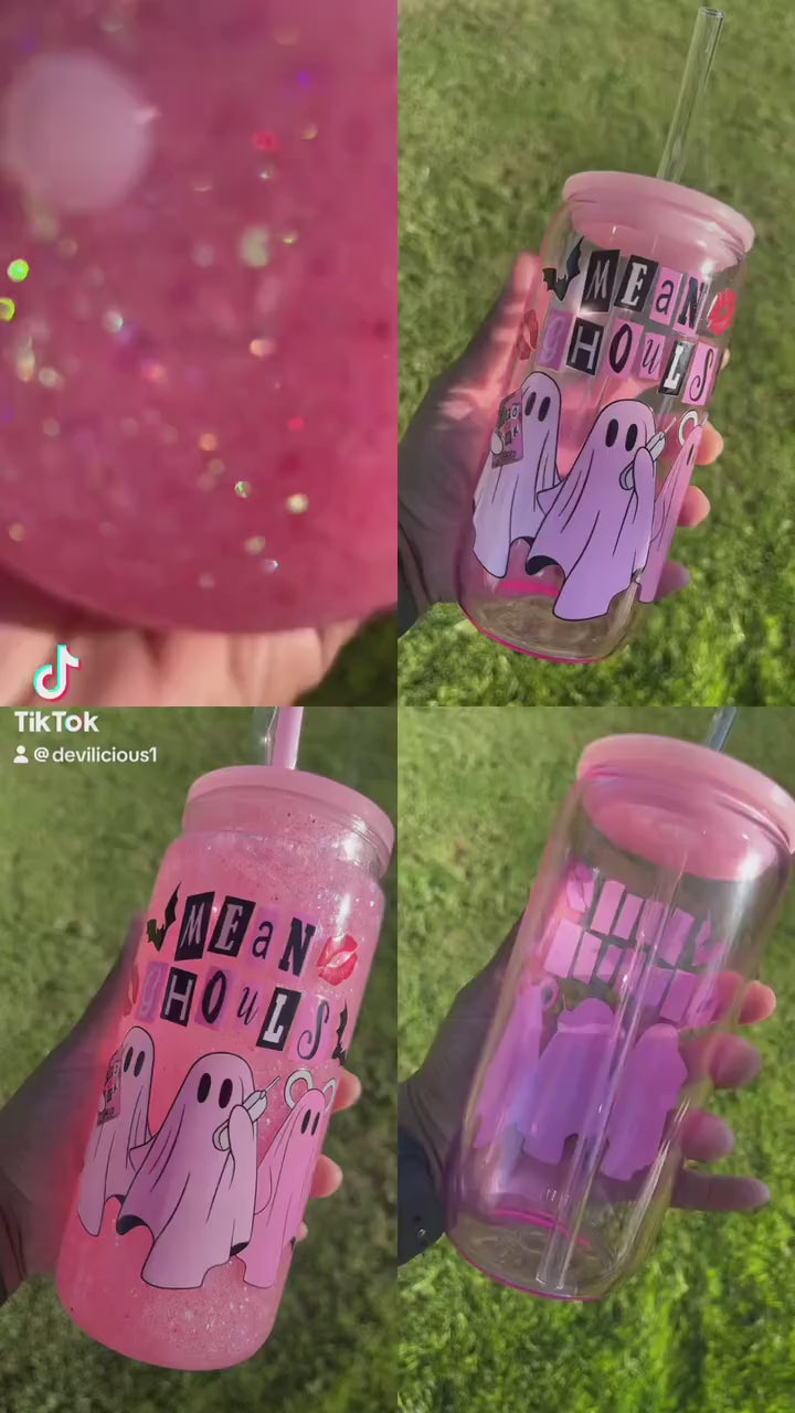Halloween Ghost Tumbler 20oz – Mean Ghouls Pink Glass or Glitter Snowglobe Cup with Straw